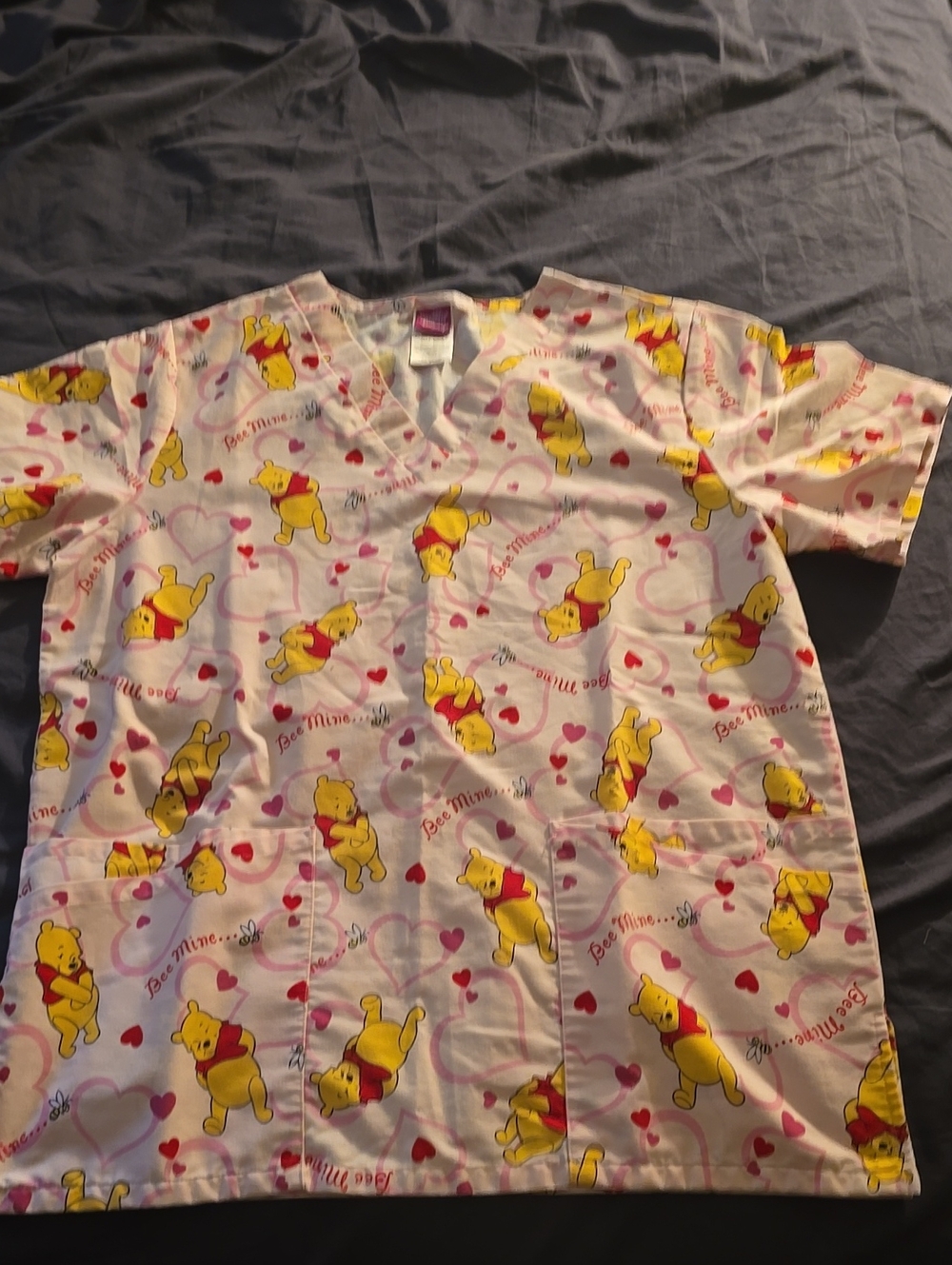 Winnie the Pooh Pink Womens Scrub Top - Heart Print
